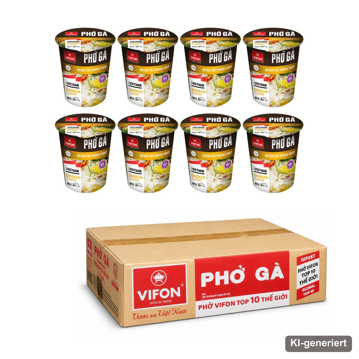 VIFON Phở Gà Instant-Reisnudelsuppe im Becher mit Hähnchengeschmack, 8x60 g
