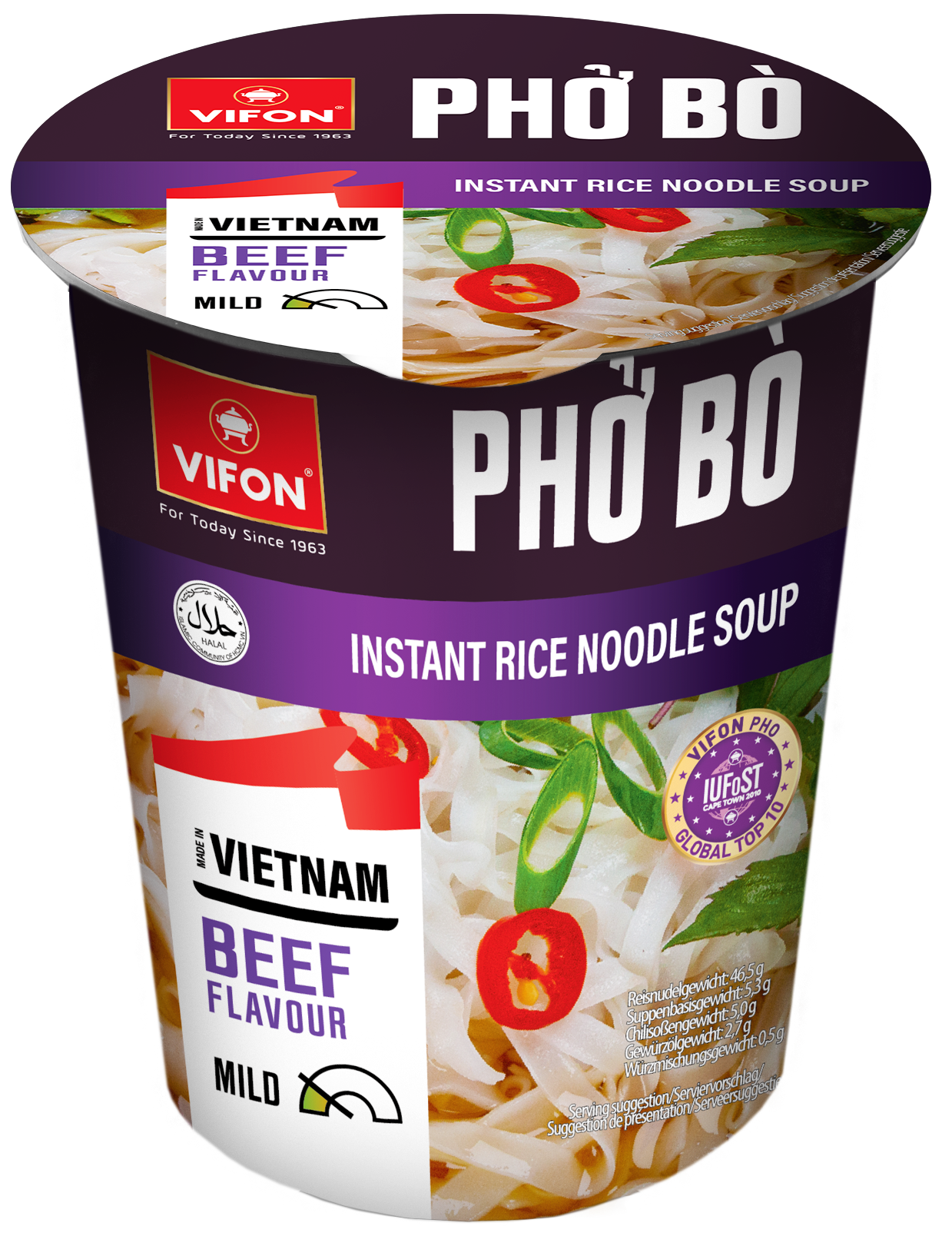 VIFON Phở Bò Instant-Reisnudelsuppe im Becher mit Rindfleischgeschmack, 8x60 g