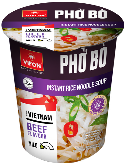 VIFON Phở Bò Instant-Reisnudelsuppe im Becher mit Rindfleischgeschmack, 8x60 g