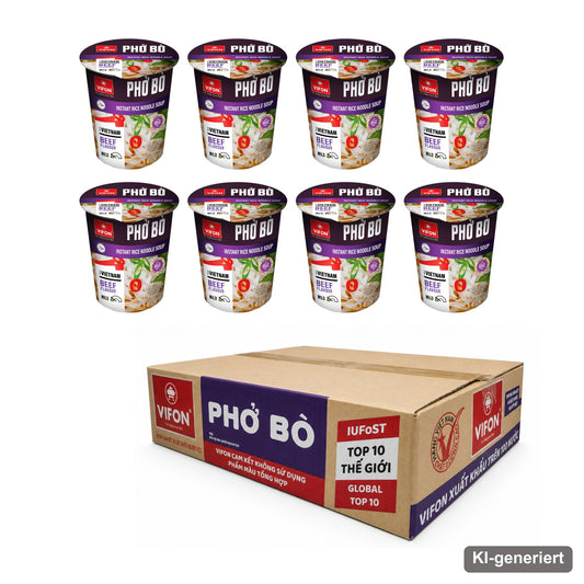 VIFON Phở Bò Instant-Reisnudelsuppe im Becher mit Rindfleischgeschmack, 8x60 g