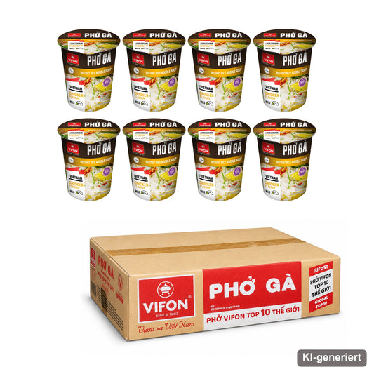 VIFON Phở Gà Instant-Reisnudelsuppe im Becher mit Hähnchengeschmack, 8x60 g