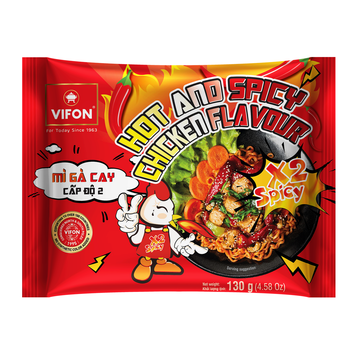 VIFON Hot & Spicy Instant-Nudelgericht mit Hähnchengeschmack, Schärfegrad 2, 18x130 g