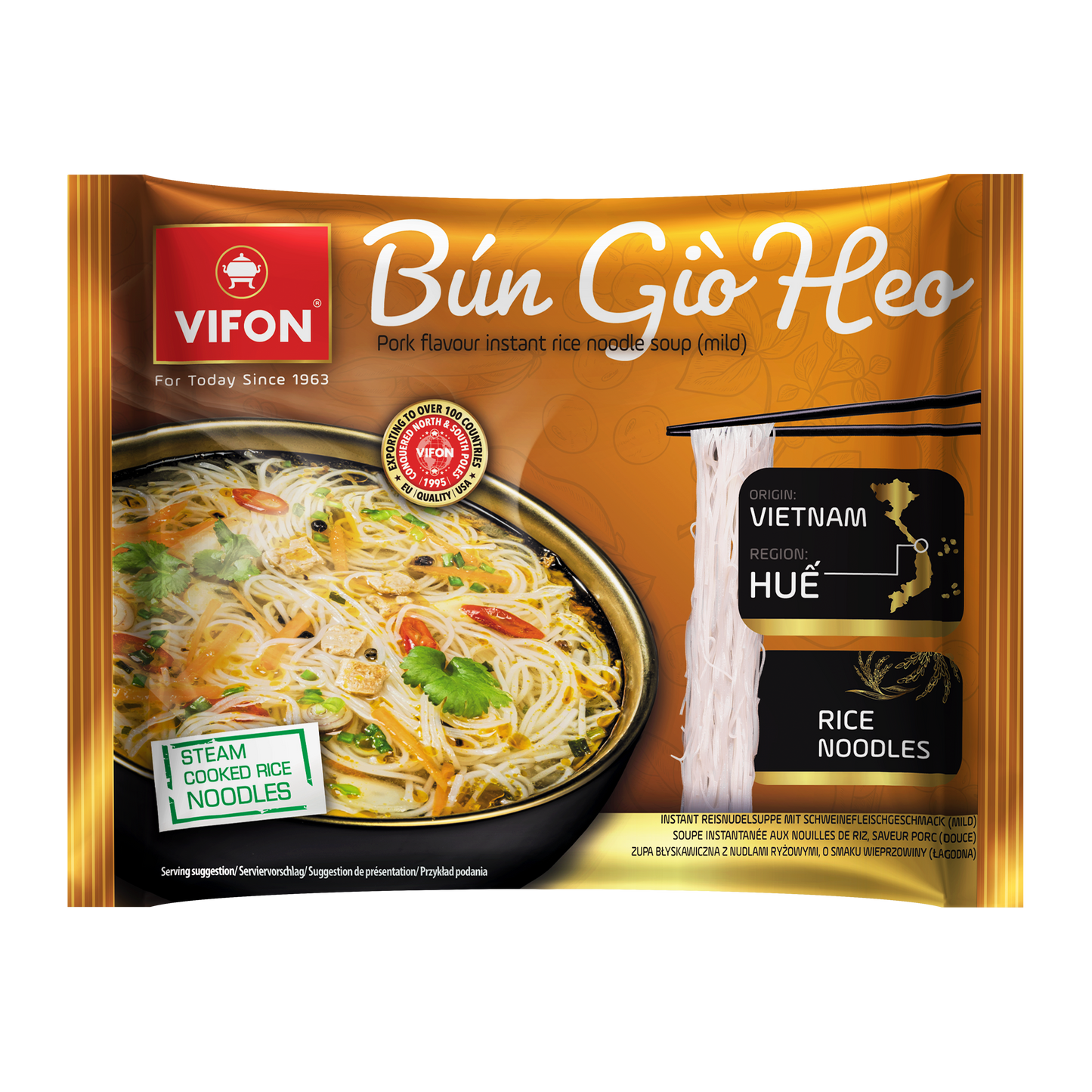 VIFON Bún Giò Heo Instant-Reisnudelsuppe mit Schweinefleischgeschmack, mild, 16x65 g